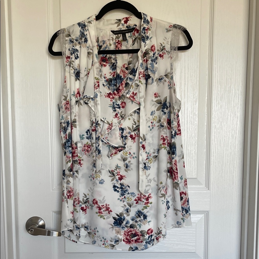 White House Black Market Floral Ruffle Blouse - White and Blue